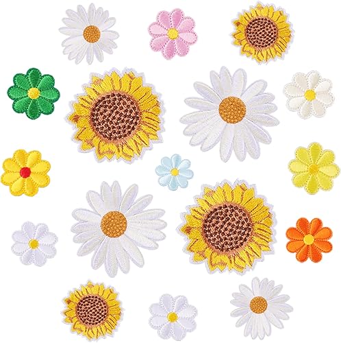 Amaxiu Parches para planchar con girasol, 17 piezas de parches coloridos de margaritas para reparación de ropa, parches bordados para coser en