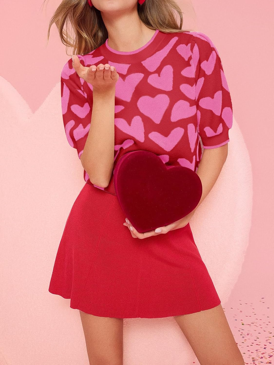 Saodimallsu Womens Puff Short Sleeve Heart Sweater Valentines Crew Neck Graphic Knit Pullover Crop Tops - Image 4