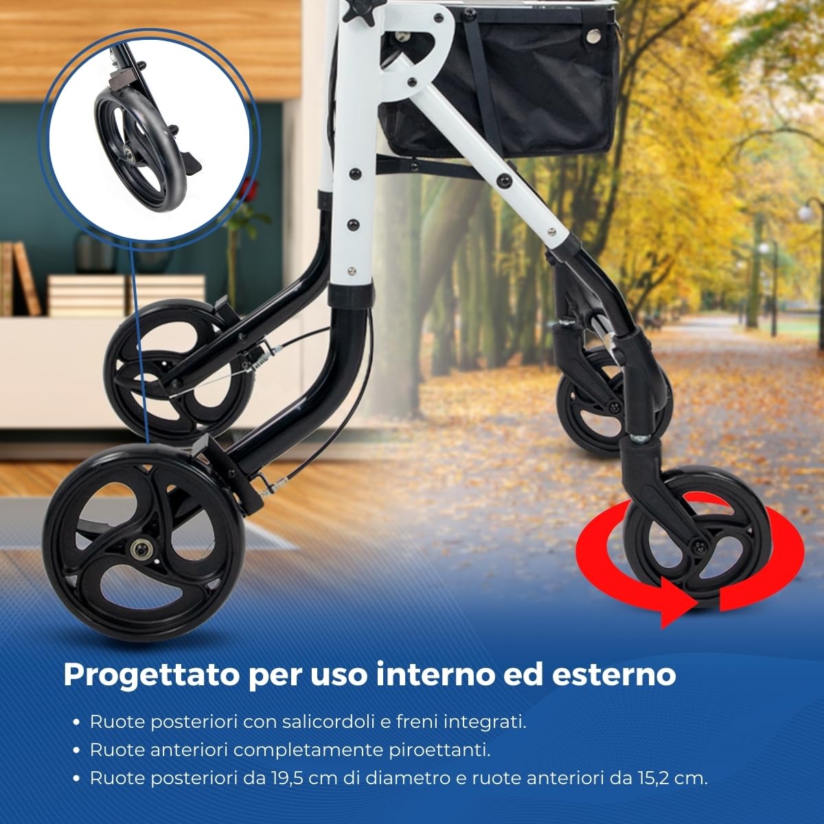 Mobiclinic®, Deambulatore con 4 ruote, Olimpo, Pieghevole, Moderno, Borsa, Monocomando, Regolabile, Sistema sottoporta, Vassoio, Piroettanti, Freno manuale, Alluminio, Maneggevolezza
