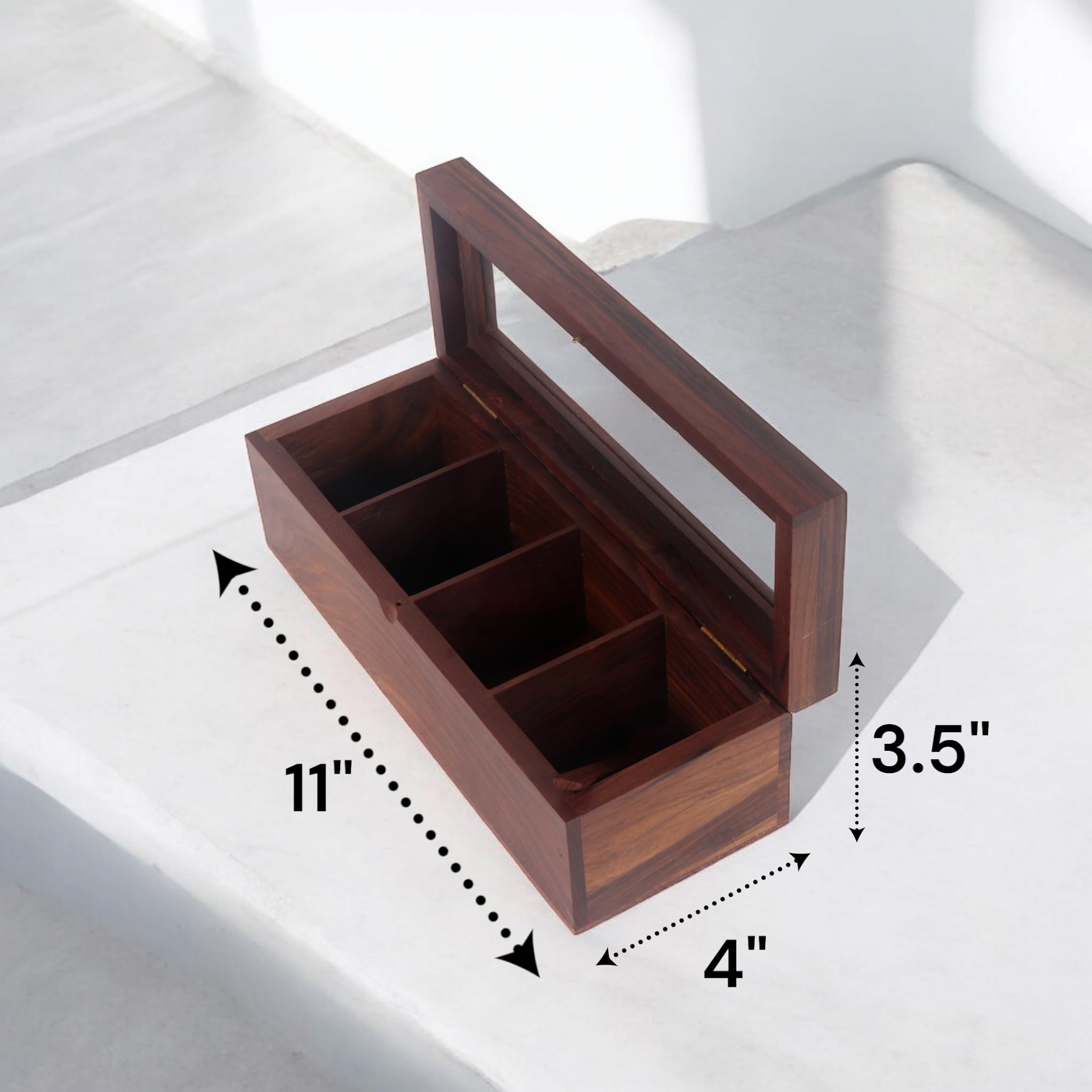 Scatola di spezie in legno Masala Dabba Spice Rack Vasetti da tavolo da cucina per uso domestico e cucina, 4 spezie divisorie con cucchiaio e vetro superiore (marrone)
