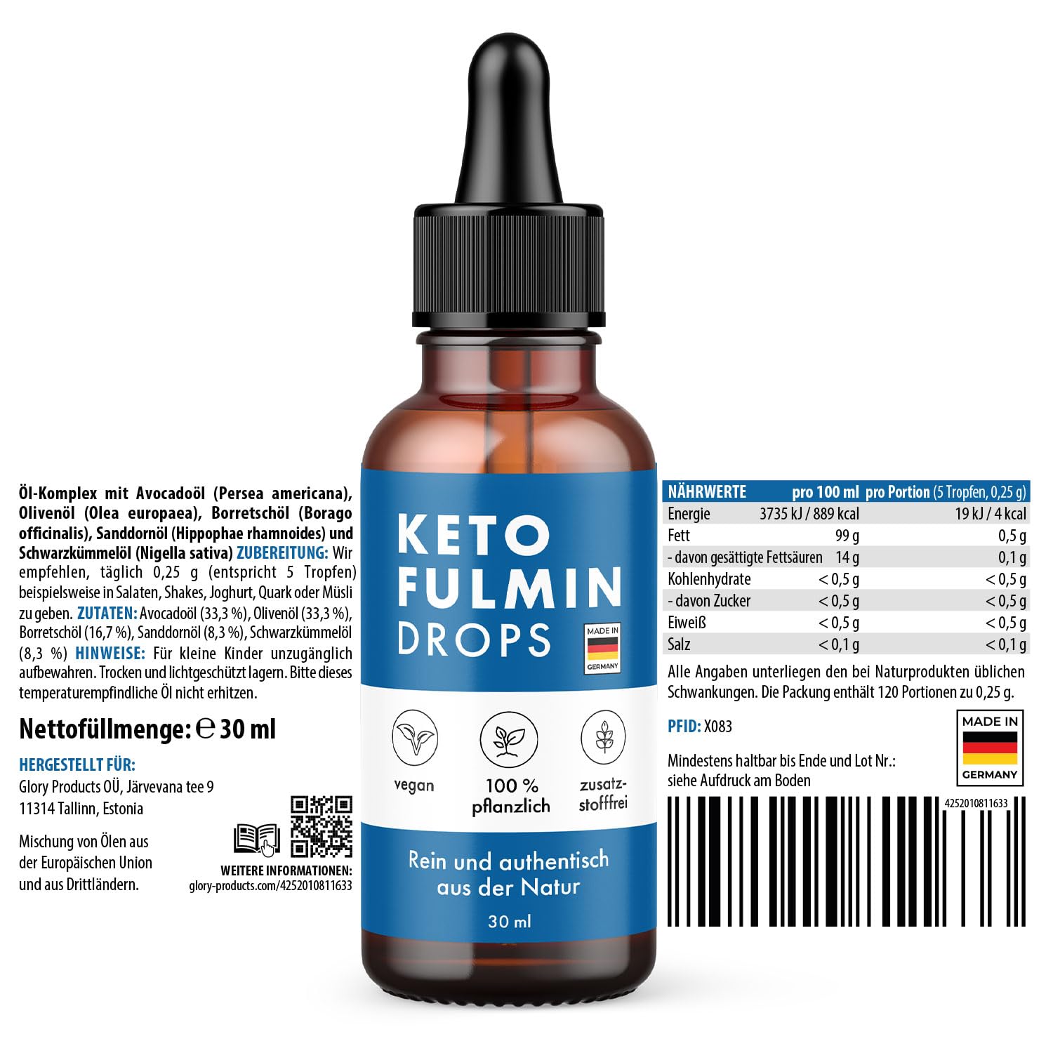 Ketofulmin Öl-Komplex Tropfen - mit Avocadoöl,Olivenöl, Borretschöl, Sanddornöl und Schwarzkümmelöl - für Männer und Frauen - 30 ml Inhalt pro Flasche 1x