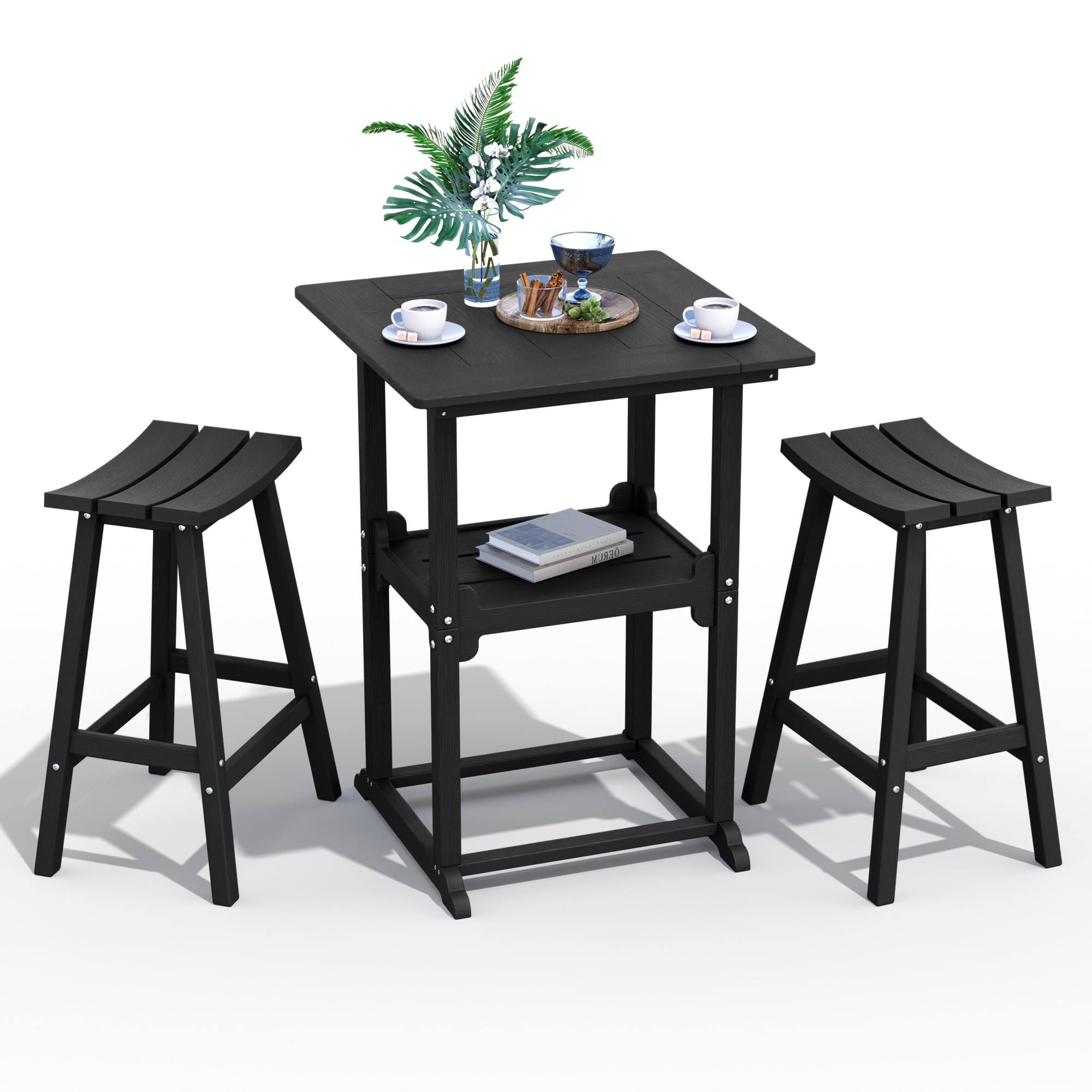 Outdoor Bistro Bar Set, Patio High Top Table and Bar Height Backless Stools Set of 2, All-Weather HDPE Square Pub Furniture for Outside Balcony Backyard Pool Deck | 3-Pieces, Black