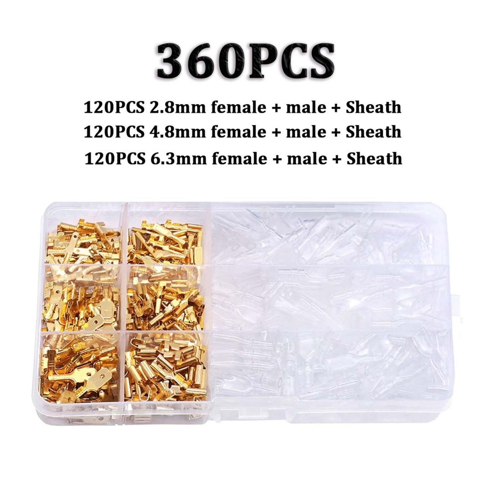 360Pcs 2.8/4.8/6.3mm Quick Splice Male and Female Wire Spade Connector Crimp Terminal Block Kit Golden with Insulating Sleeve