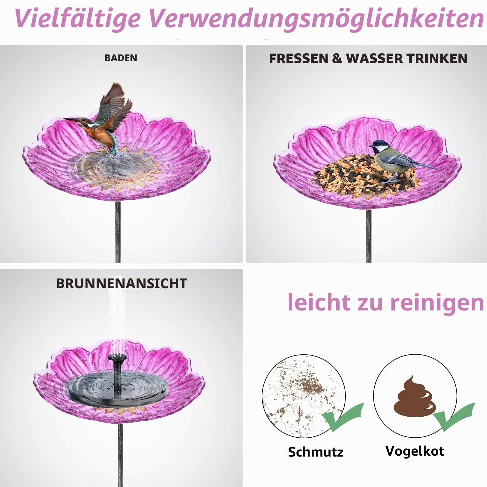 MUMTOP Vogeltränke aus Glas für den Außenbereich, 30,5 cm, Vogeltränke mit Metallpfahl, Sonnenblumen-Vogelfutterspender für Garten und Terrasse