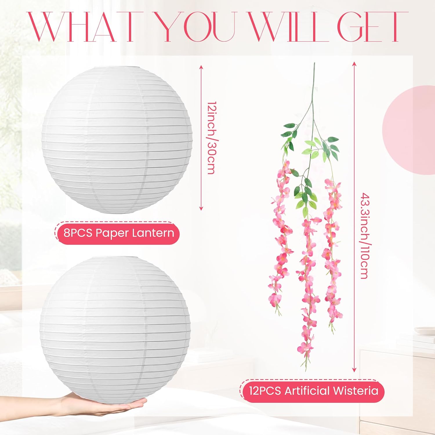 Thiccywoov 20 Pcs Hanging Paper Lanterns with Wisteria Flower Set, 12 Inches Lanterns with Artificial wisteria Flower Hanging Ceiling Decor for Wedding Decorations Bridal Shower Party Decor