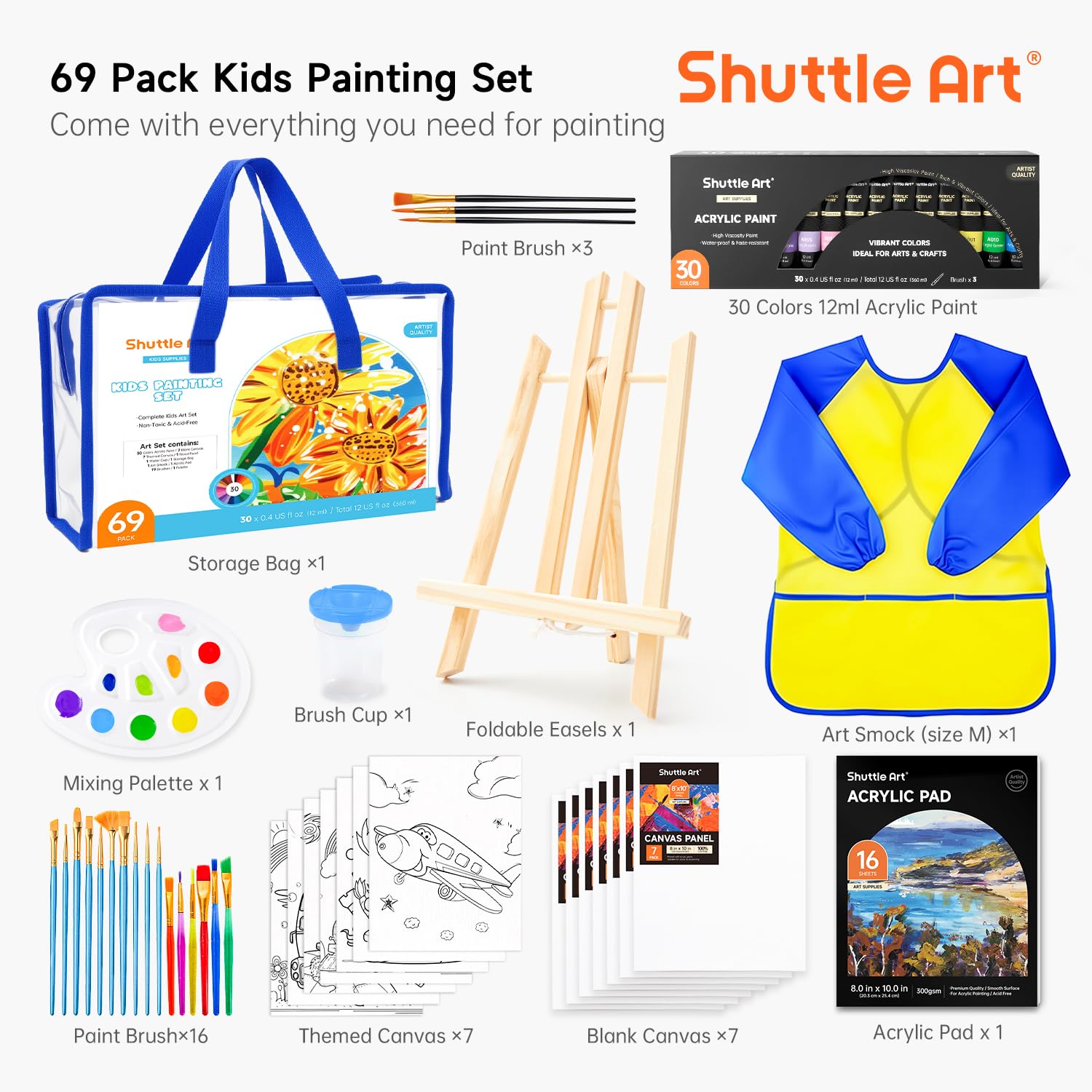Pack 69 Kit Pittura bambini, Shuttle Set Pittura Bambini con 30 Colori Acrilici, Cavalletto Pittura Legno, Tela, Blocco da Disegno,Pennelli, Tavolozza,Tuta Set Completo Vernice per Ragazzi e Ragazze
