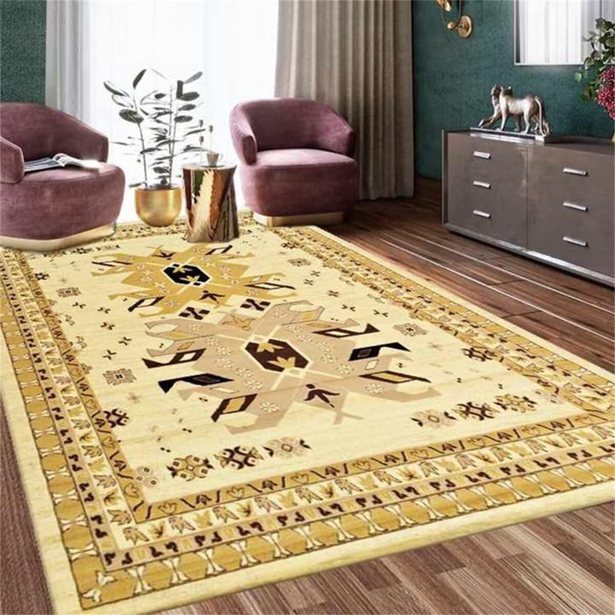 Flurteppich Teppich Für Küche Gelber Retro Design Schlafzimmer Wohnzimmer Waschbar Rund 200X300CM