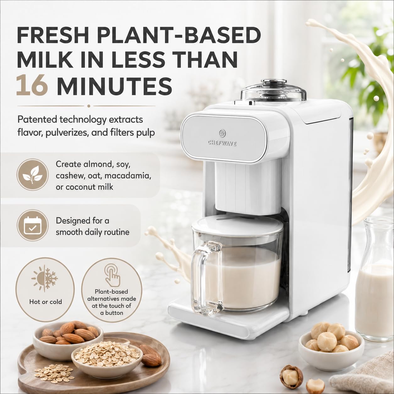 ChefWave Milchmade Dairy Alternative Vegan Nussmilchmacher Maschine Milchmaschine Mandelmilch Sojamilch Hafermilch Cashewmilch Kokosmilch Macadamia Milch, Verzögerungsstart, Rezeptbuch