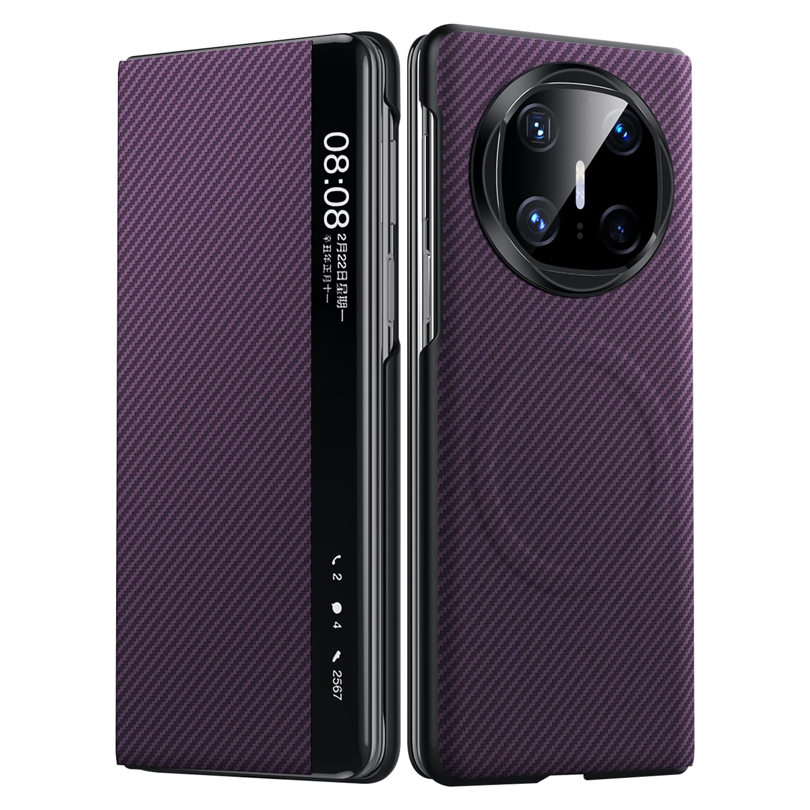 Skórzane etui do Huawei Mate X6, smukłe magnetyczne etui z funkcją widoku okna, tekstura włókna węglowego z klapką na cały korpus, odporne na wstrząsy, fioletowy, Mate X6