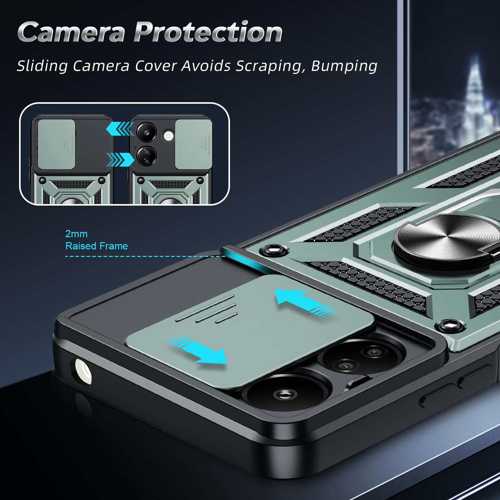 LeYi Cover Per Xiaomi Redmi 13 4G/Poco M6 4G Con Vetro Temperato (2 Pezzi) - Custodia Con Protezione Fotocamera Scorrevole, Anello Porta A 360° E Supporto Magnetico, Antiurto Militare TPU, Rosa - 4