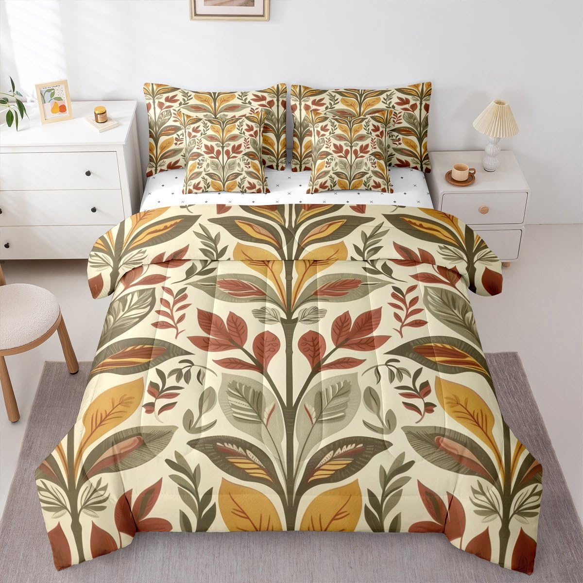 Manfei Rustic Leaves Comforter Retro Farmhouse Style Bedding Set Queen Size 7 Pcs,Plant Leaf Boho Bed Set for Kids Boys Room Decor Green Brown Soft Bed in a Bag with Comforter,Sheets,Pillowcases