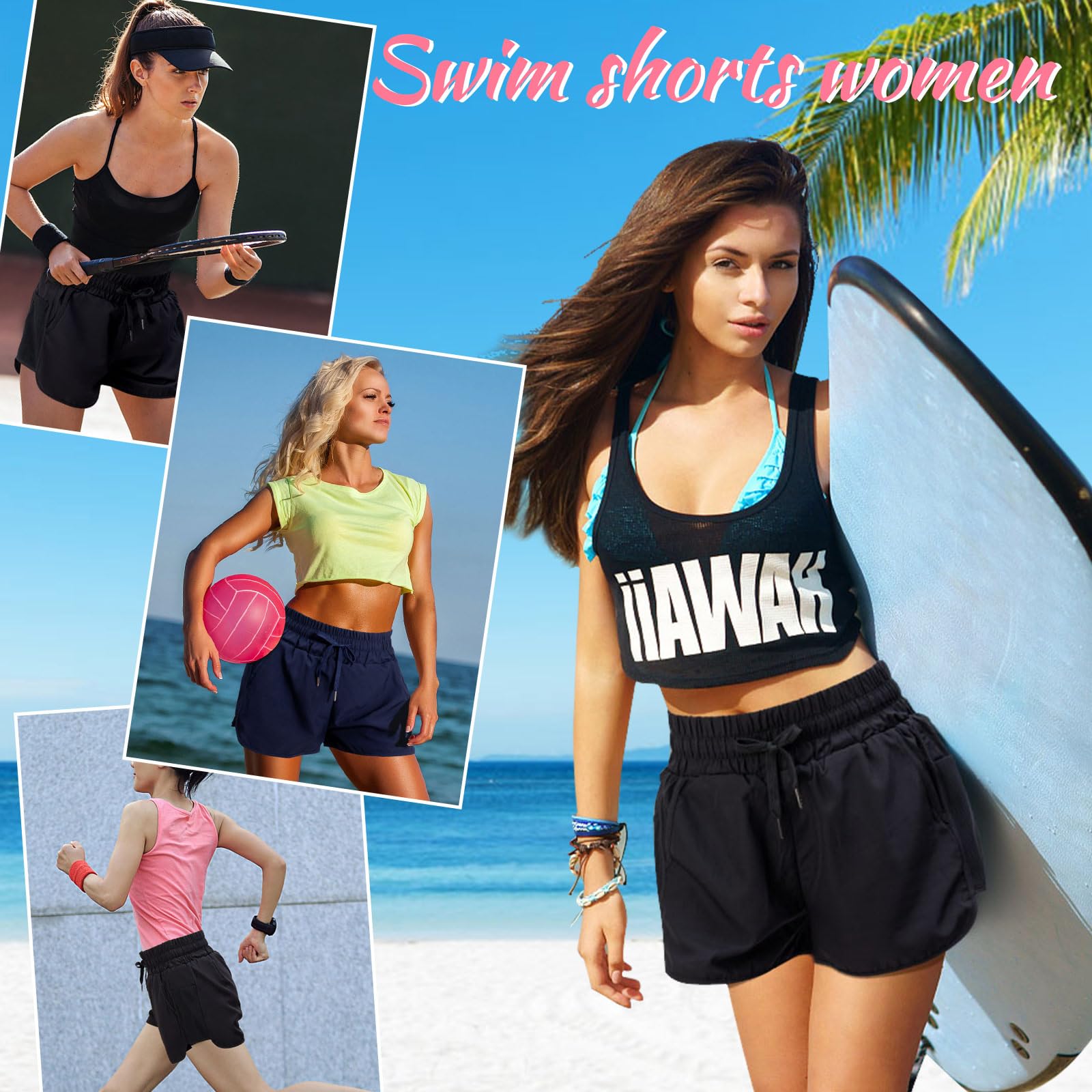 Pantalones cortos de natación para mujer, de cintura alta, de secado rápido, con cordón ajustable, pantalones cortos de surf con parte inferior y bolsillos