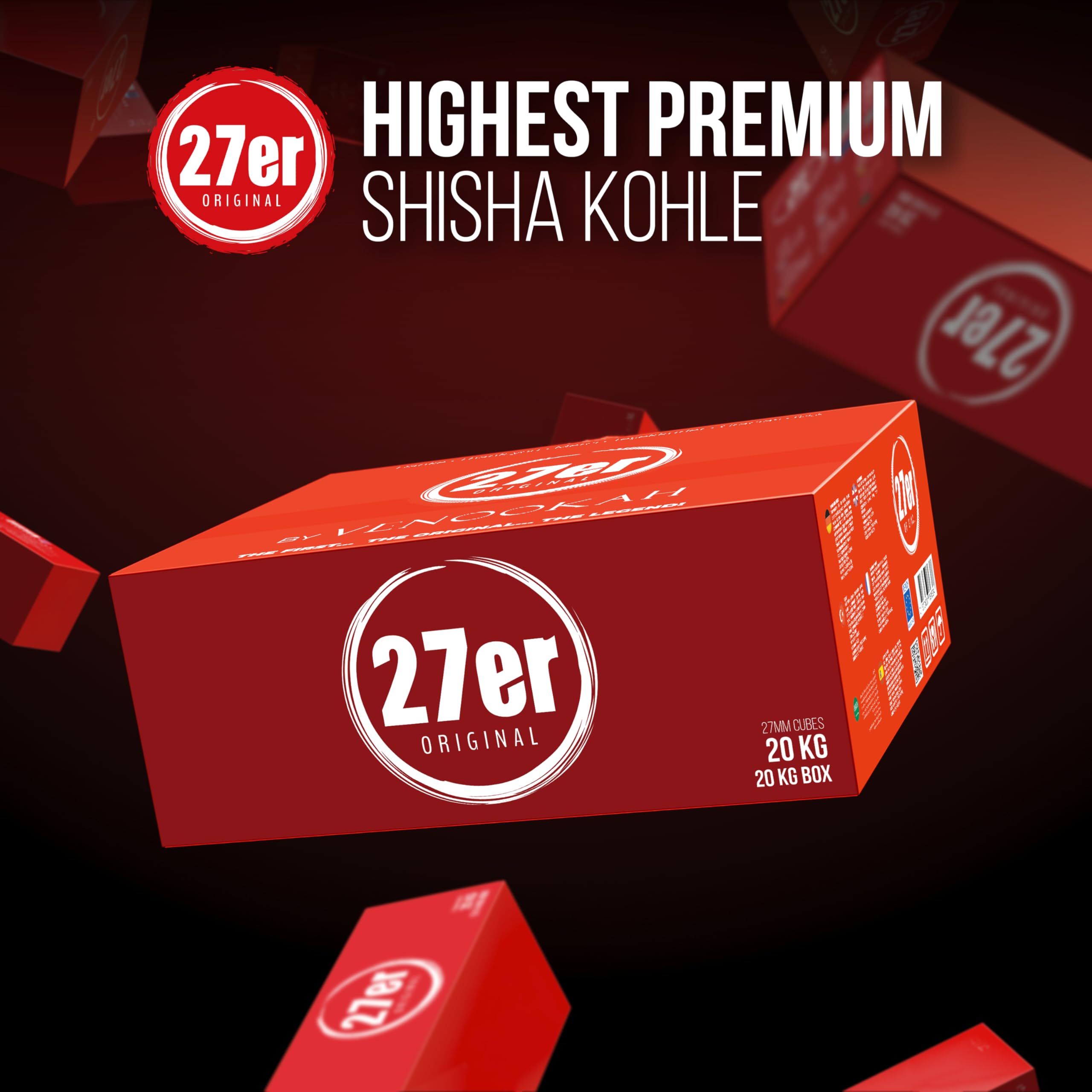 Original Shisha Kohle 20kg Gastro Einheit 27mm Würfel Premium Kokosnusskohle perfekt für den Grill & Wasserpfeifen I Hohe hitze mit sehr Langer Brenndauer