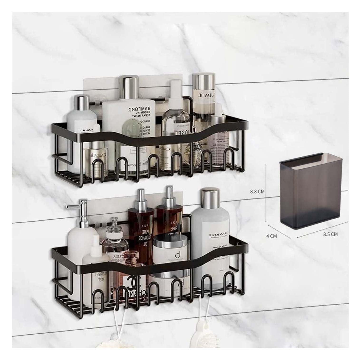 Black Shower Caddy Non-Drill 2-Tier Wall Mount Organizer with Toothbrush Holder - Bathroom Kitchen Storage Shelves Sturdy Stainless