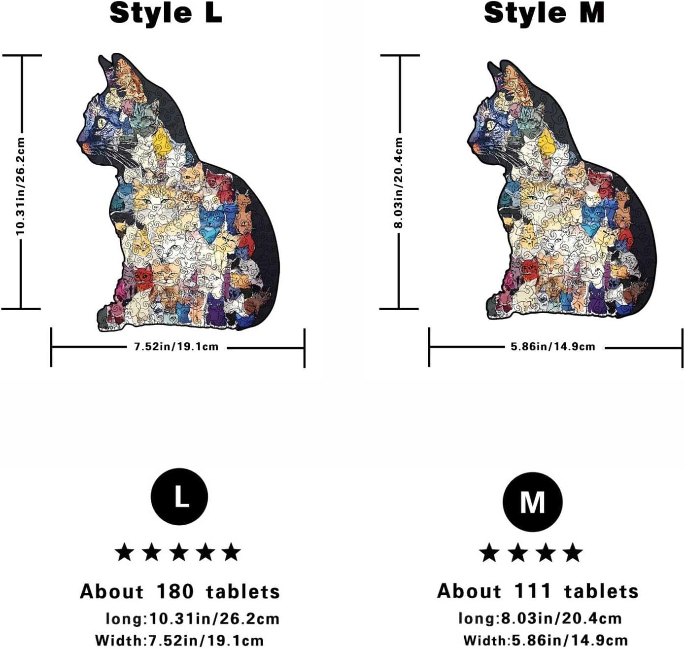 Wooden Cat Puzzles for Adults, Unique Cat-Shaped Irregular Jigsaw Puzzles, Medium Difficulty, Stress Relief, Ideal Gift for Family and Friends (L 10.3 * 7.5 INCH 180PCS)