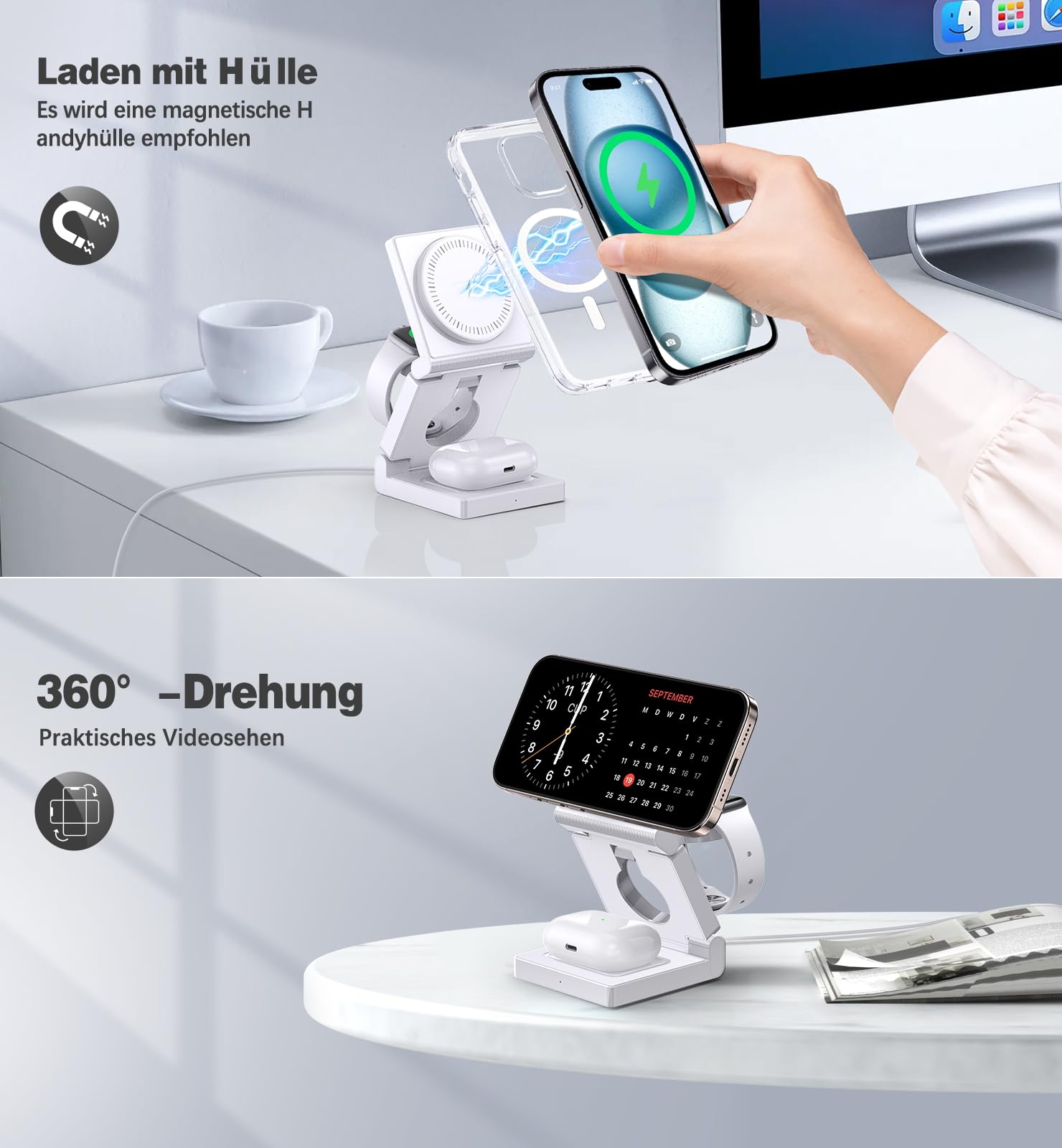 3 in 1 Induktive Ladestation Kompatibel mit MagSafe Ladegerät,Faltbare Wireless Charger Ladestation,18W Reiseladeständer für iPhone 17 16 15 14 13 12 Pro/Pro Max/Plus/Watch & Airpods alle Serien