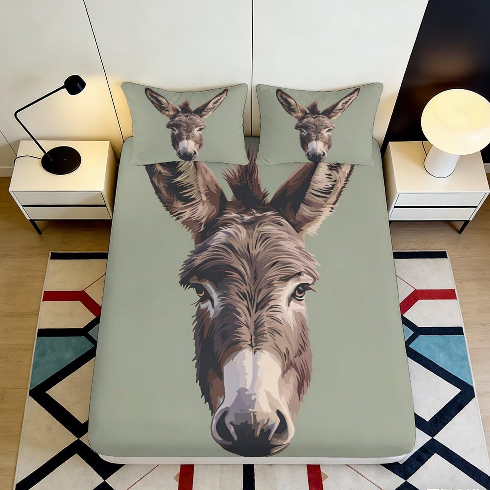 3D Printed Donkey Portrait Fitted Sheet Microfiber Soft Breathable Animal Bed Cover for Bedroom Guest Room Decor 90x200x25cm