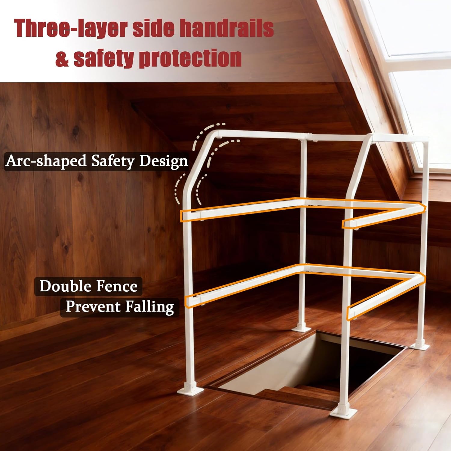 39"-51"Lift Attic Ladder Safety Railing, Attic Ladder Climbing Assistance Railing, Tthree-Layer Adjustable Loft Handrail, 3 Sided Guardrail Ascend Descend at House/Garage/Storage Loft (White)