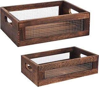 Rustic Wooden Storage Baskets, Nesting Design with Wire Mesh, Set of 2, Dark Brown