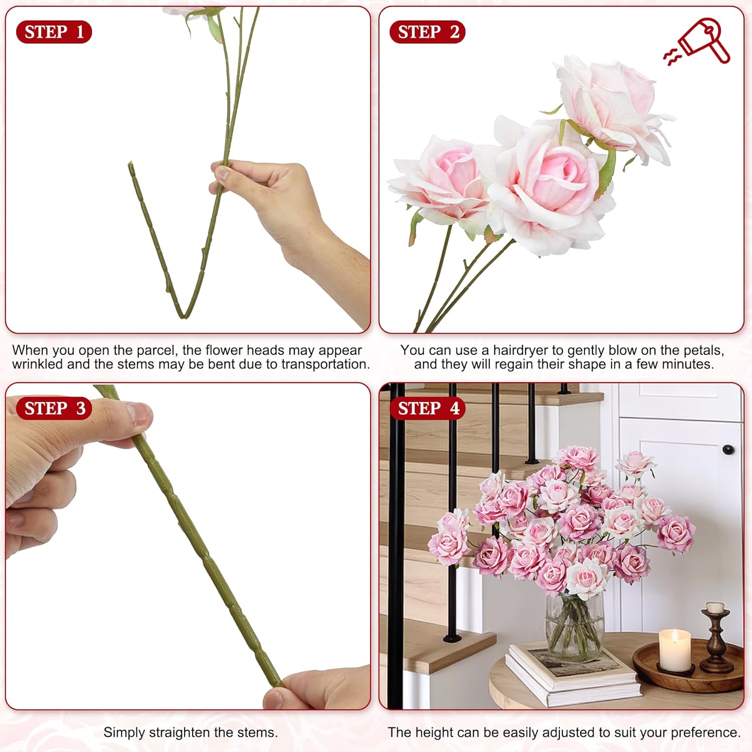 10 Pcs Artificial Flowers Fake Roses, 28" Long Stem Silk Roses for Wedding Centerpieces Home Party Valentine's Day Decor, Realistic Faux Bouquet for Tall Vase Indoor(Pink) - Image 7