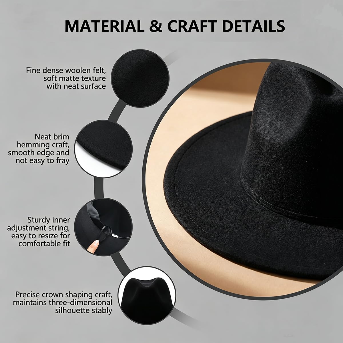Fedora Chapeau classique noir à large bord pour homme et femme, chapeau d'église 56-58 cm, style vintage