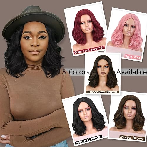 Miniatura 8 de FAVE Peluca corta de onda suelta marrón natural, peluca ondulada de 12 pulgadas de longitud al hombro, peluca rizada estilo Bob, parte media, peluca