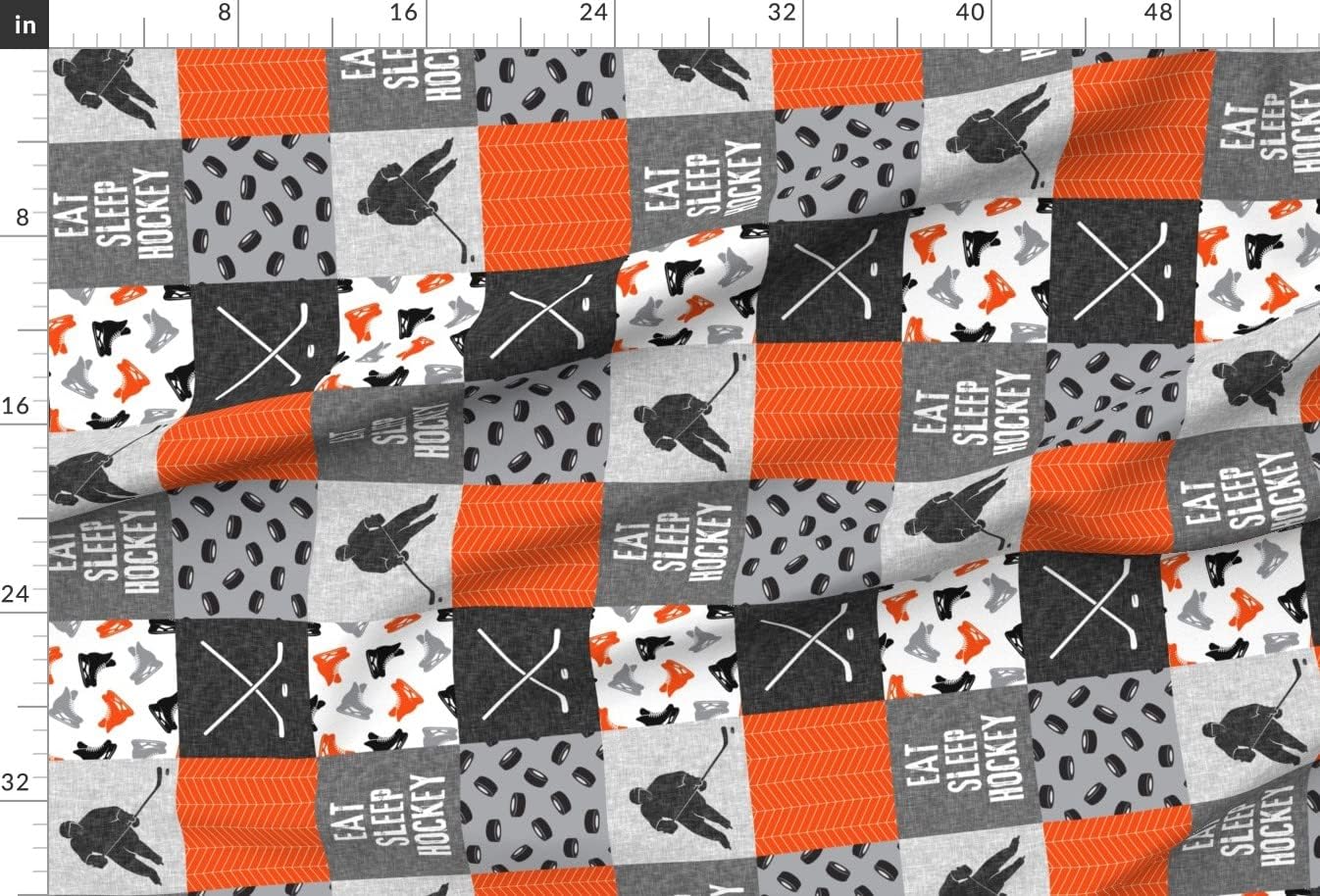 Spoonflower Fabric - Eat Sleep Hockey Ice Patchwork Wholecloth Orange Black Grey Trendy Printed on Chiffon Fabric by The Yard - Sewing Fashion Apparel Dresses Home Decor