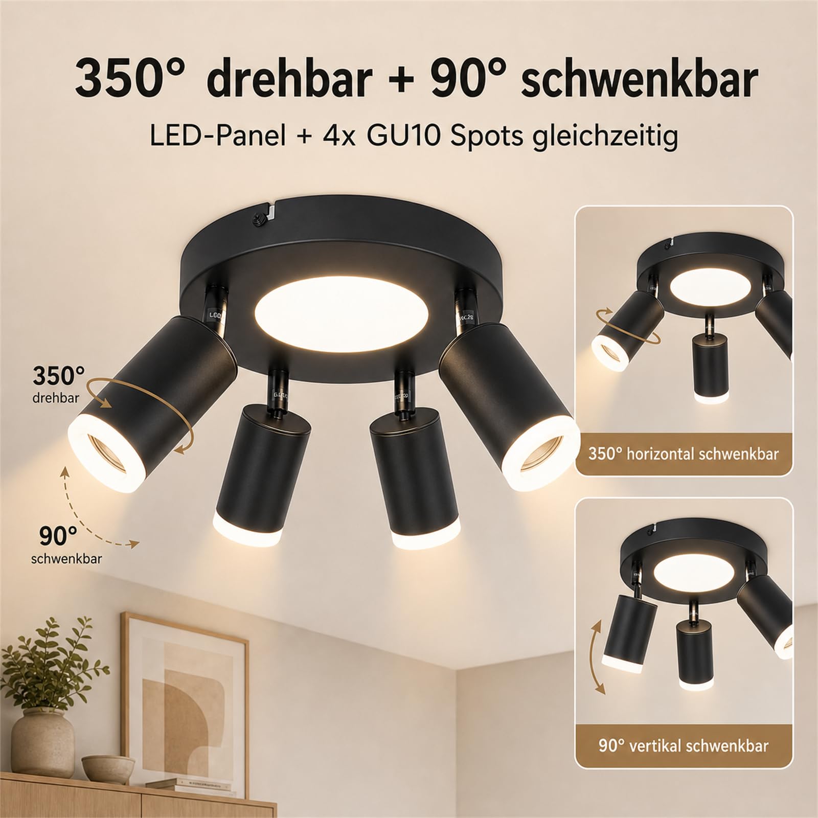 LED Deckenstrahler 4 Flammig Rund Schwarz Deckenlampe Warmweiß