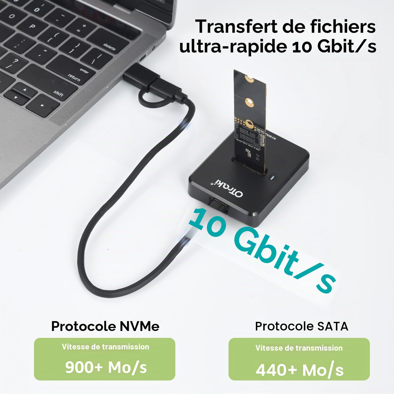 OTraki Station d'accueil M.2 NVMe & SATA, USB 3.1 Gen 2 10Gbps Adaptateur USB NVMe pour Clé M-Key B&M-Key, Adaptateur Double Protocole M2 Boîtier SSD pour 2230 2242 2260 2280 SSDs