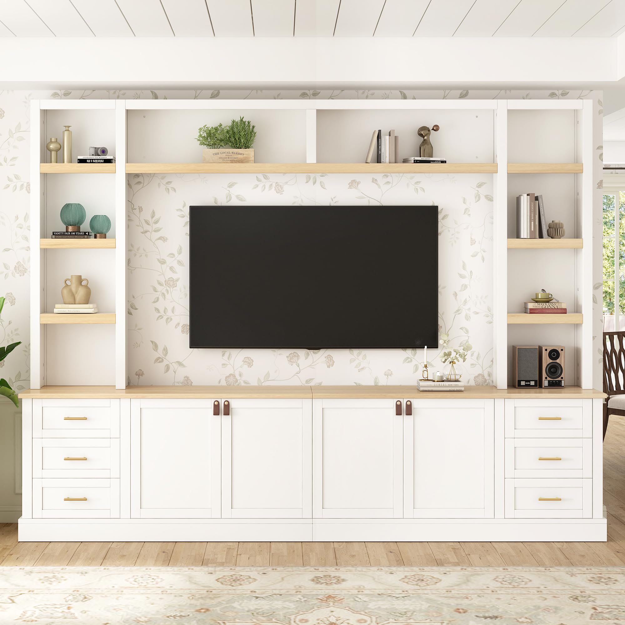 102.3"W Farmhouse 4-Piece Entertainment Center Wall Unit with Adjustable Shelves, Modern Large TV Stand with Bookshelves for TVs Up to 75", Rustic