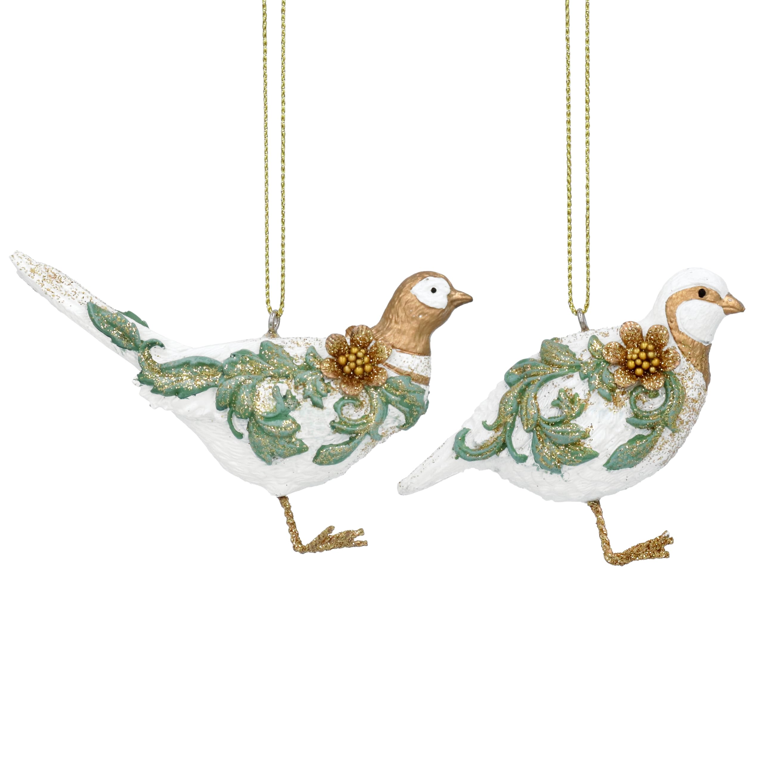 Gisela Graham Cream Gold and Green 9cm Rocco Pheasant and Partridge Resin Hanging Ornament Set of 2