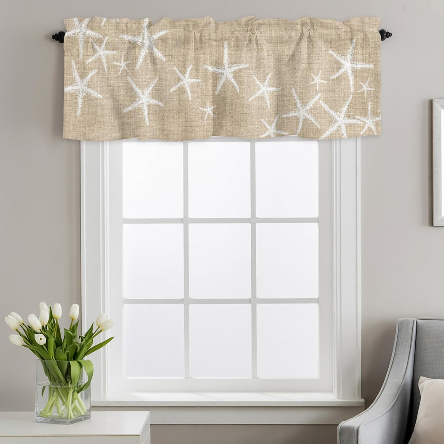Summer Ocean Starfish Valances for Windows, Rod Pocket Window Valance Curtain, Marine Life Linen Texture Light Filtering Short Curtain for Kitchen, Bathroom, Bedroom, 54x18 in