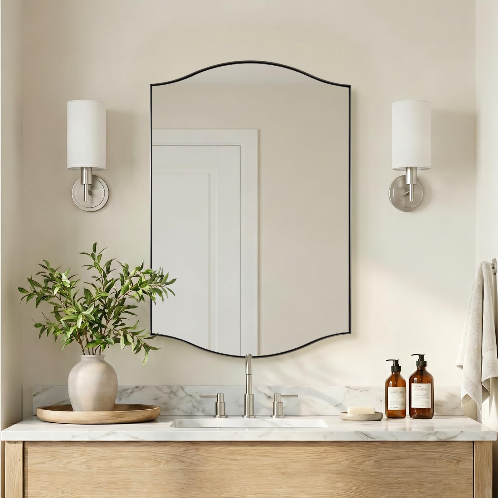 ANDY STAR Brushed Nickel Mirror, 24"x36" Silver Scalloped Wall Mirror for Bathroom, Curved Edge Design with SUS304 Stainless Steel Metal Frame, Ideal for Bathroom, Bedroom, Entryway
