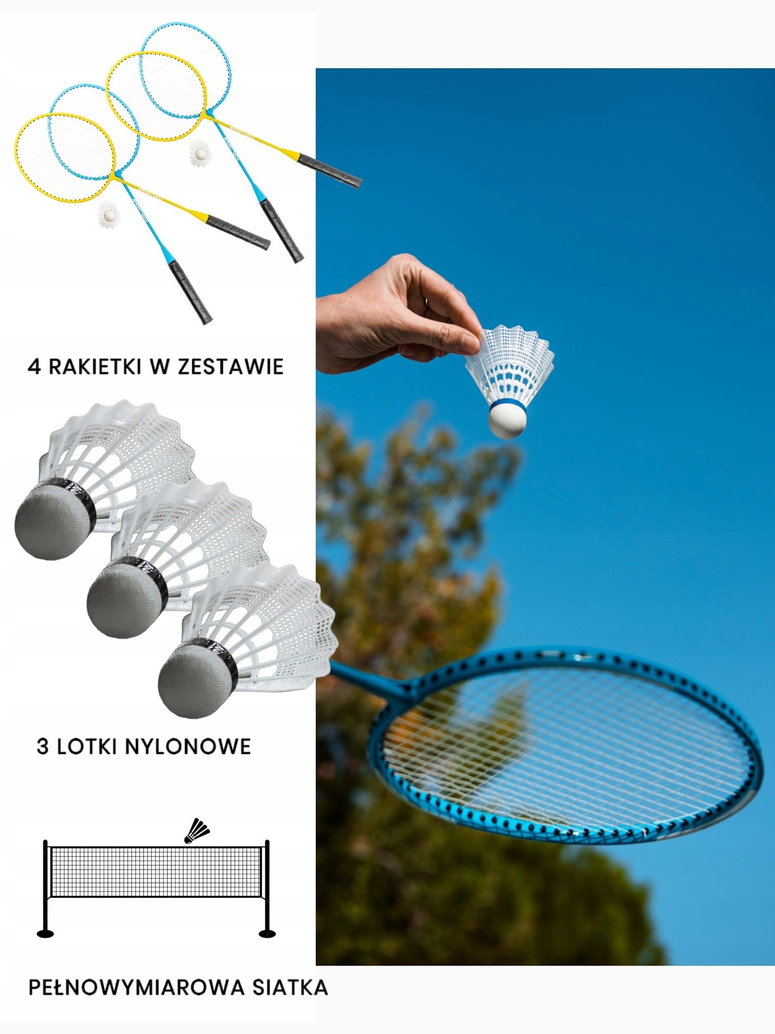 Lot de 4 raquettes de badminton - 3 volants à ressort - Filet et sac de transport - Jaune et bleu clair - Acier et aluminium - Hauteur des poteaux de 170 cm - Kit complet pour sports de loisirs