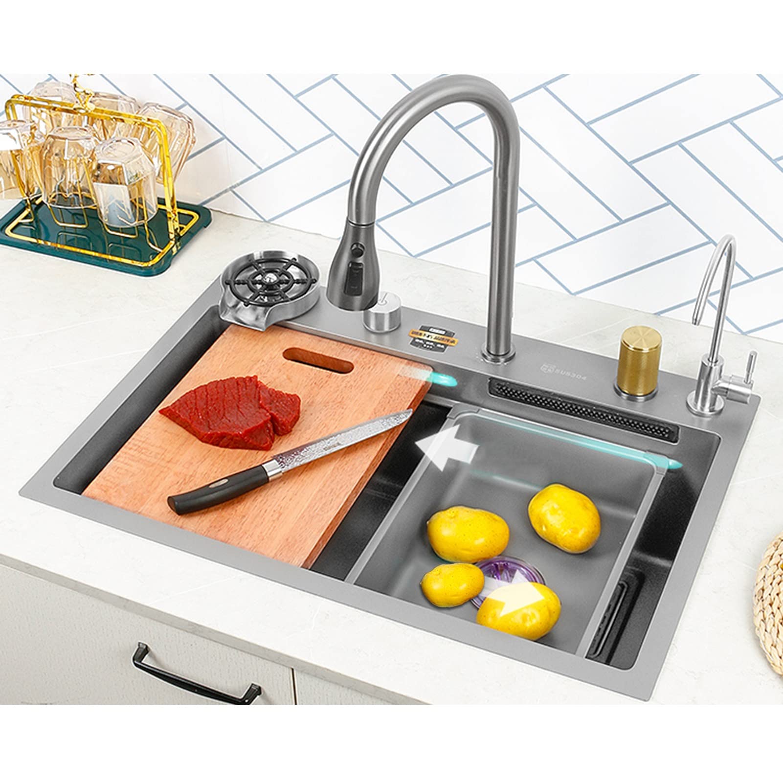ZQFHSX Kitchen Sink 304 Stainless Steel Nano Raindance Waterfall Home Vegetable Basin Single Workstation (Size : 75x46x22cm)