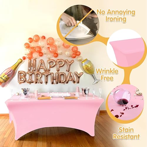 Miniatura 3 de Paquete de 6 manteles de elastano ajustados color rosa, manteles elásticos de 6 pies para mesas rectangulares de 6 pies, tela de lino elástica a