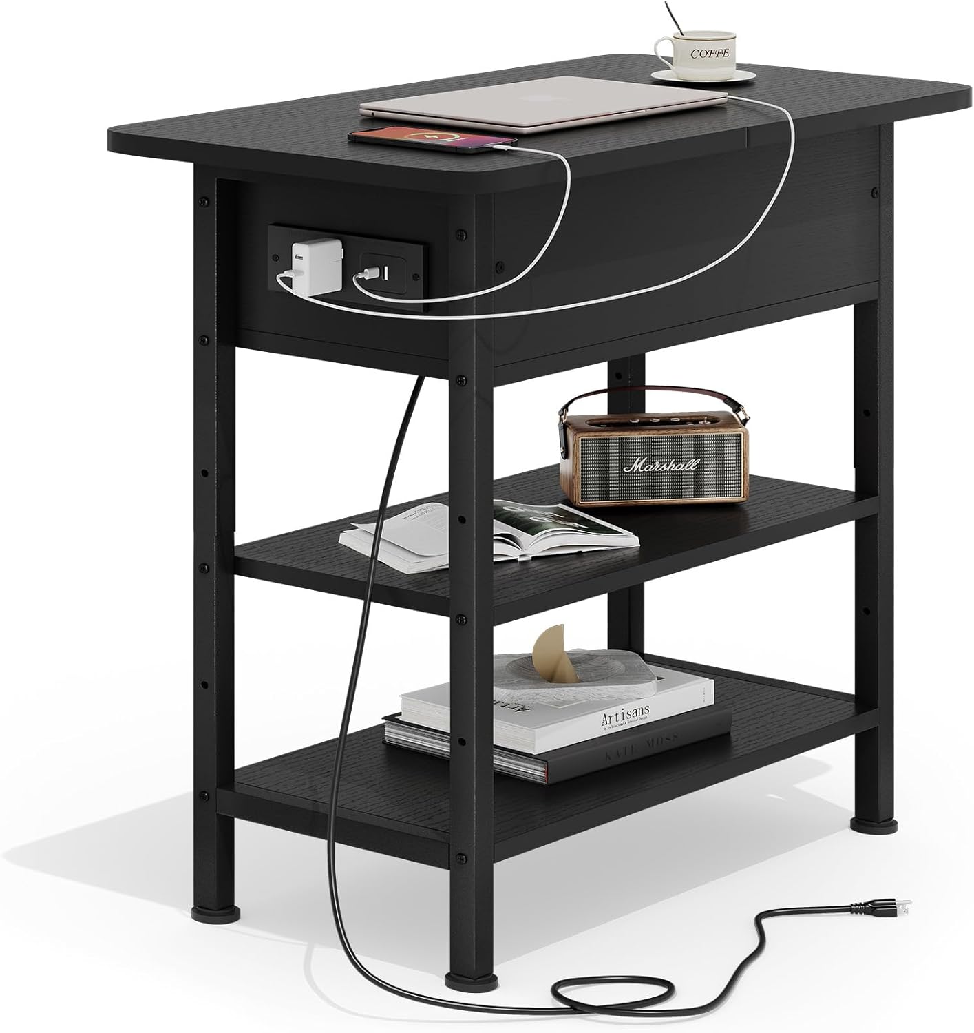 End Table with Charging Station, Flip Top Side Table with USB Ports and Outlets, 3-Tier Small Side Table with Storage for Small Space, End Tables for Living Room/Bedroom, Black