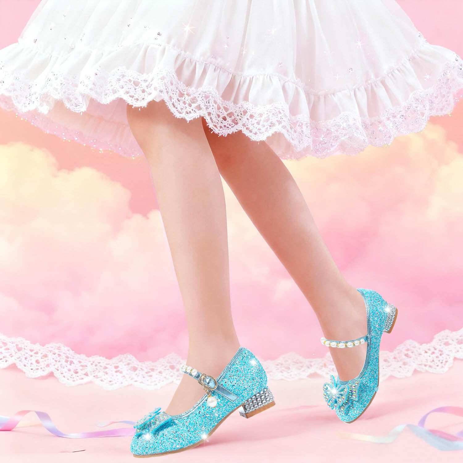 Mädchen Mary Jane Prinzessin Schuhe Ballerinas mit Absatz Glitzer Schuhe Abendschuhe Kinder Cosplay Schuhe Partys Hochzeiten Schulschuhe Blau EU29
