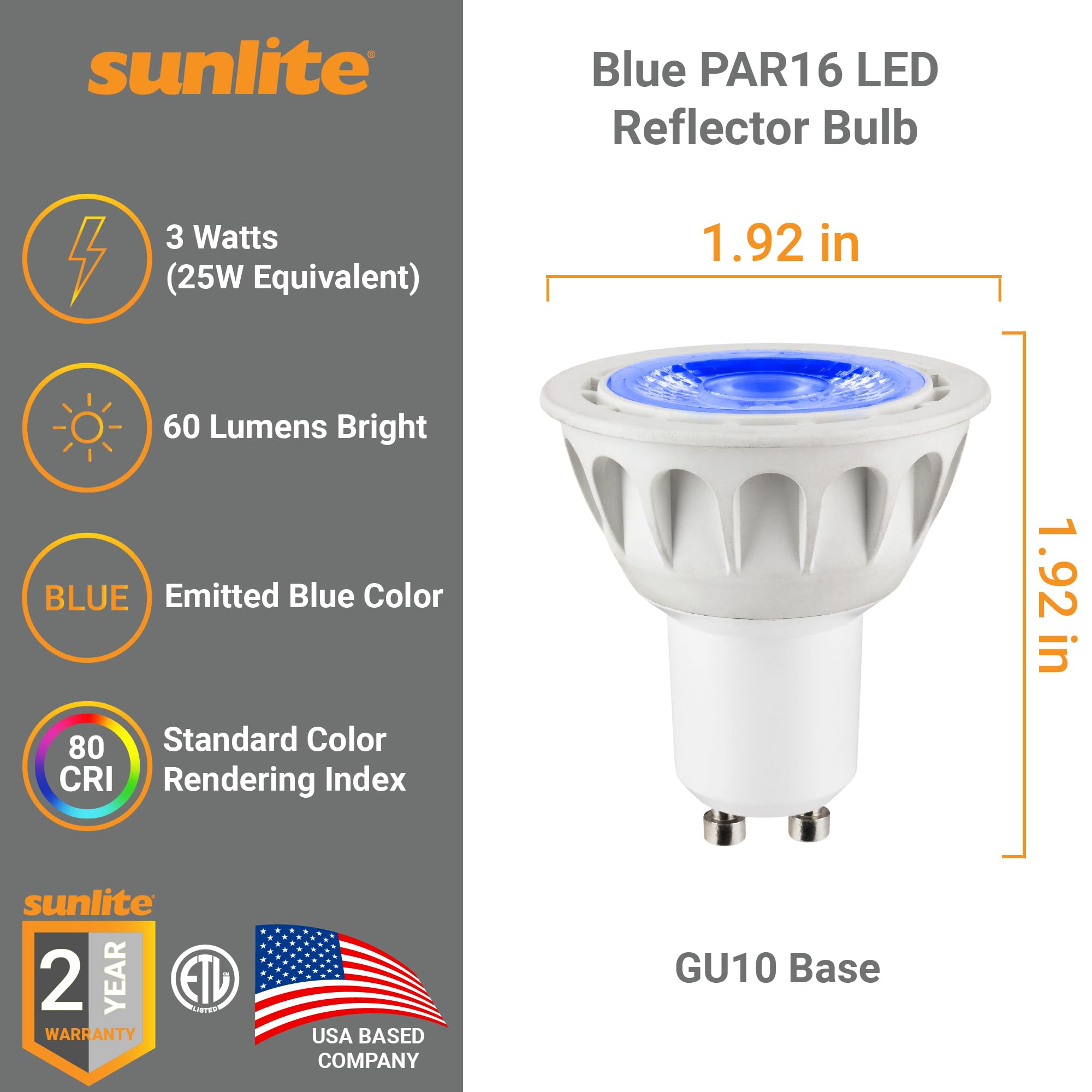 Sunlite Blue LED PAR16, 120 Volt, 3 Watts (25W Equivalent), GU10