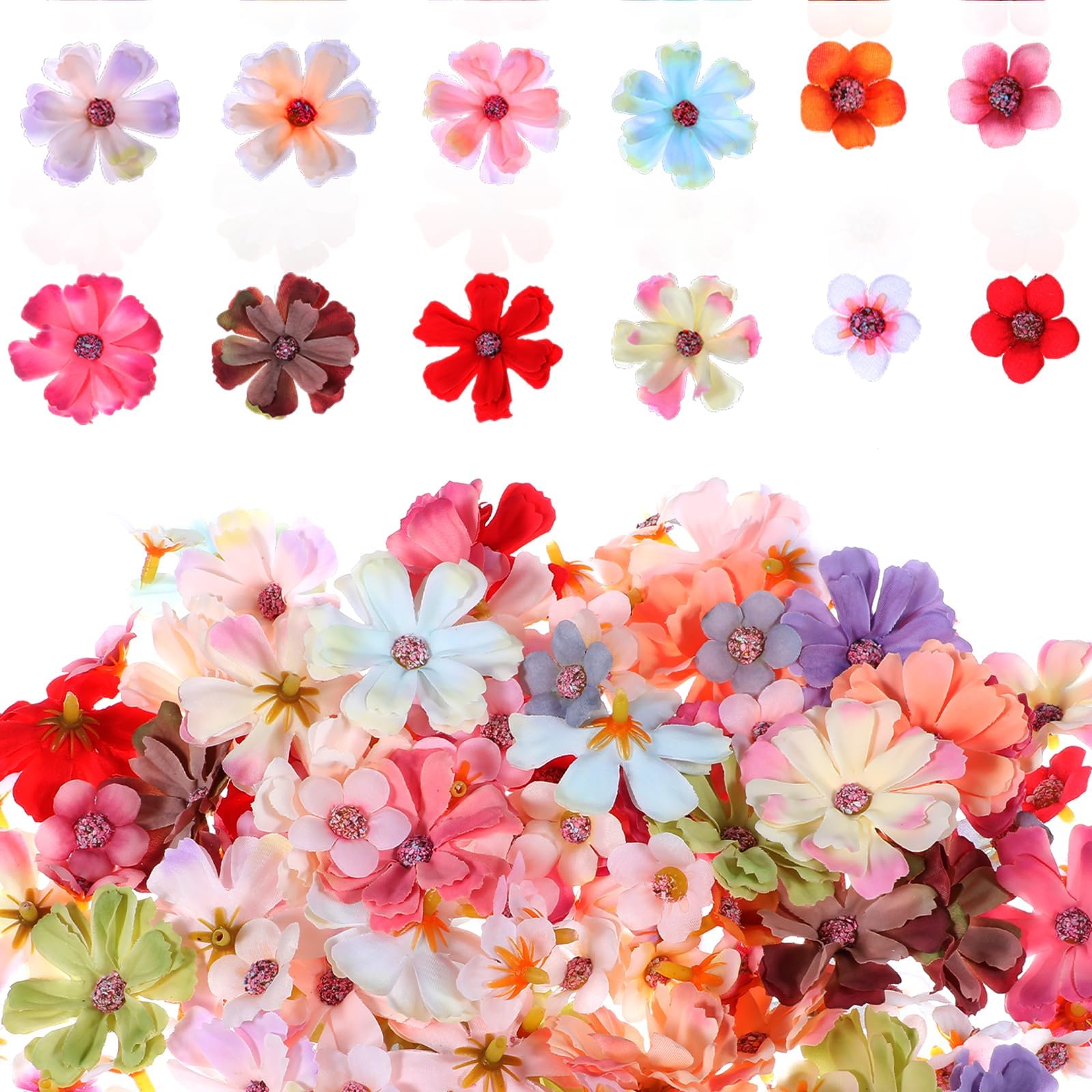 150Pcs Artificial Flower Heads, Faux Small Silk Flowers for Decoration, Mini Fabric Flower for Crafts, Garland, Wedding Decor, Multicolor Fake Flowers Heads in 2 Sizes for Hair Accessory Home Decor