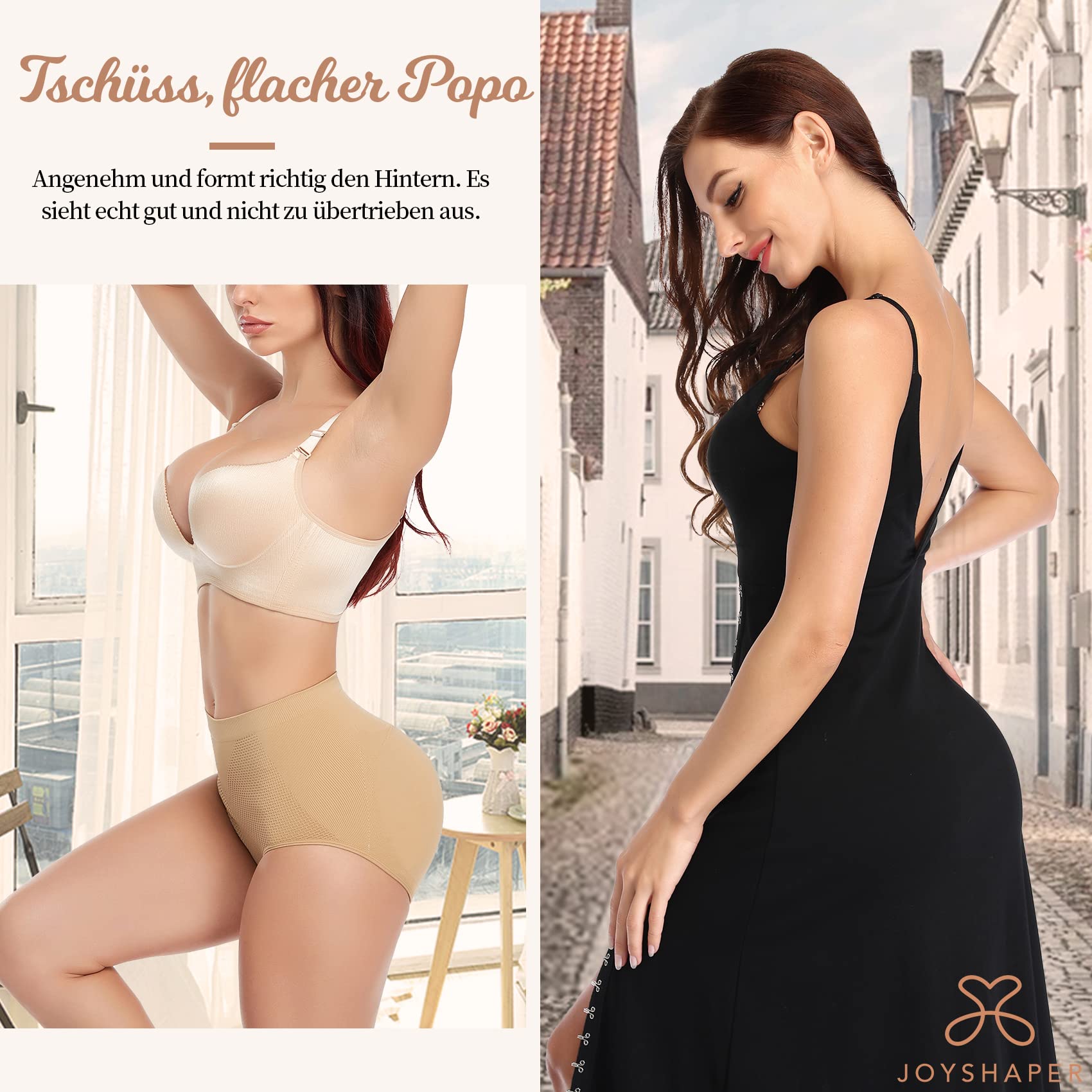 Joyshaper Damskie majtki push-up, majtki modelujące figurę, majtki biodrowe, bielizna modelująca, czarno-beżowe, S-XL