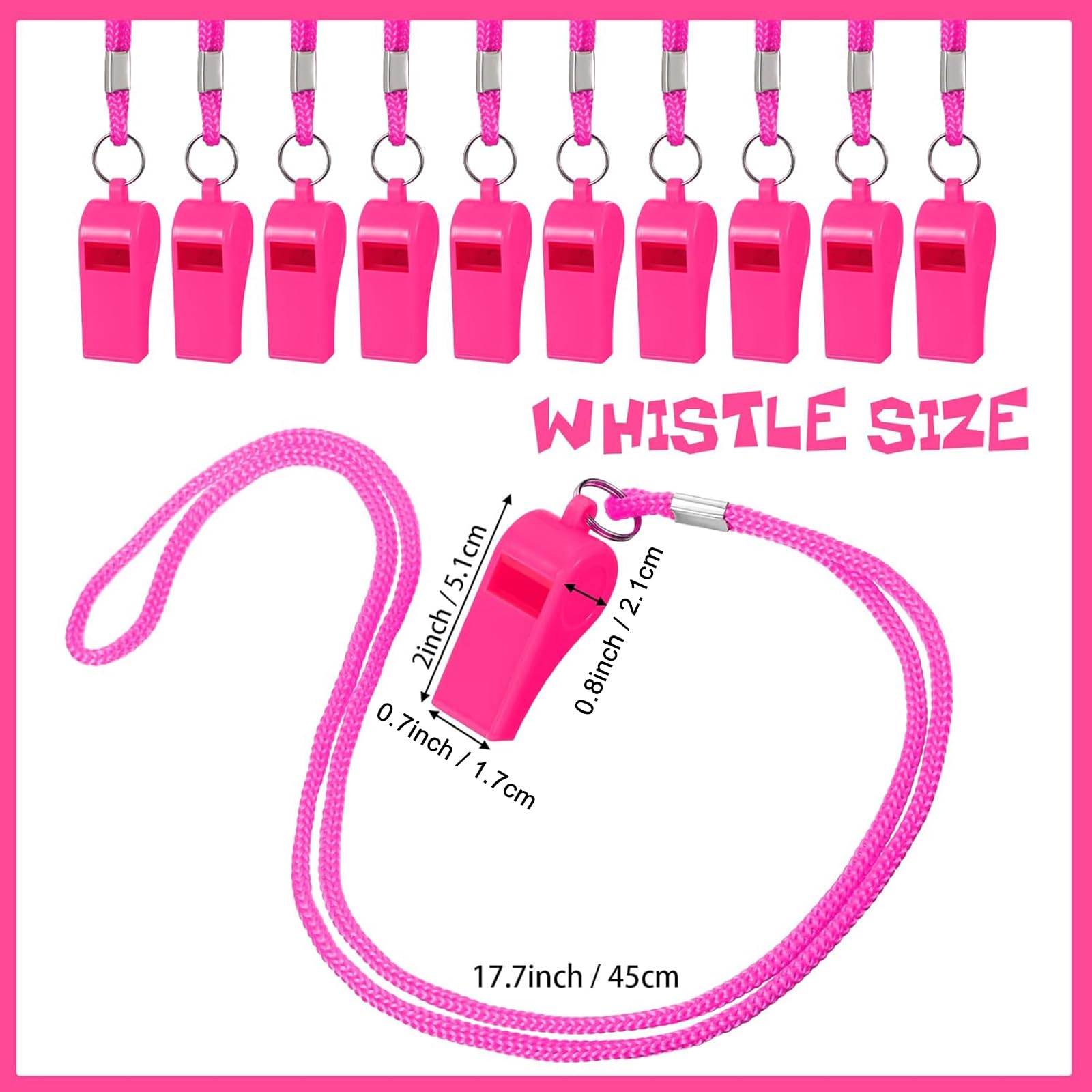 Honoson Lot de 100 sifflets d'urgence avec cordon, sifflet de sécurité en plastique fort et net pour sauveteur, autodéfense, urgence, randonnée, camping en plein air (rose)