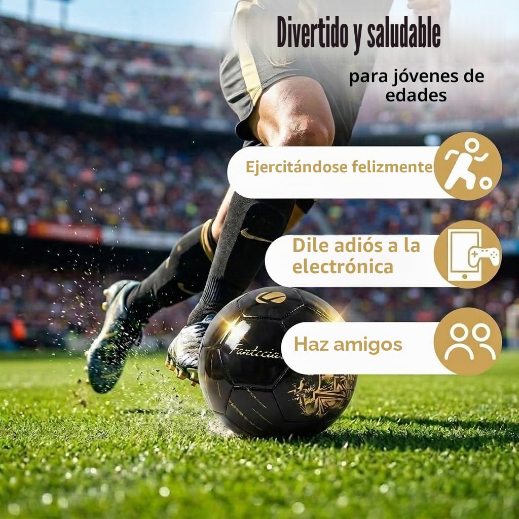 Balón de fútbol tamaño 5, piel sintética, para interiores y exteriores, para jóvenes y adultos, fútbol negro con estampado dorado
