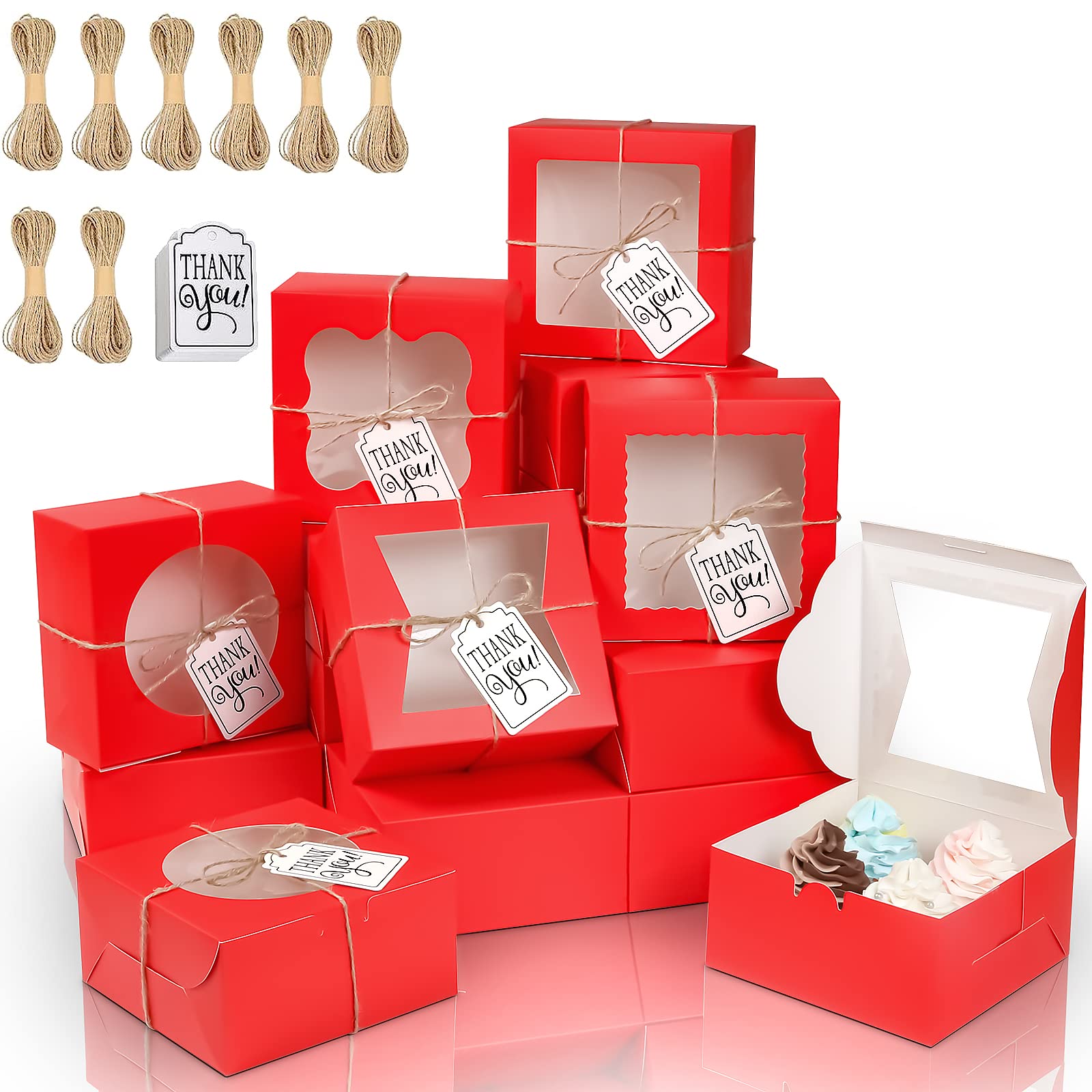 KPOSIYA 65 cajas de panadería con ventana de 6 x 6 x 3 pulgadas, 5 cajas de galletas pequeñas para dulces, postres, pasteles, donas, fiesta de cumpleaños, boda (rojo)