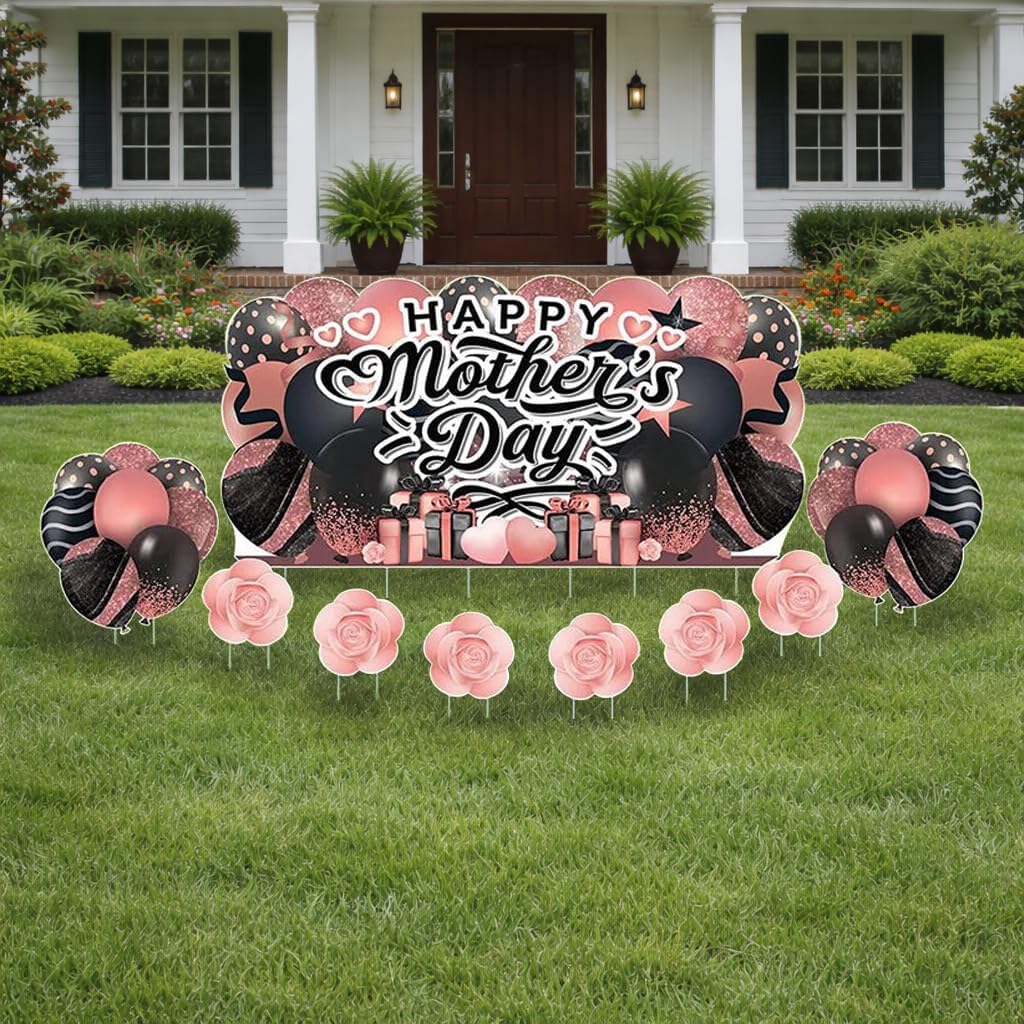 Happy Mother's Day Jumbo Lawn Sign 36x72 Inches Oversized Foldable Yard Decoration, Waterproof Corrugated Plastic, Indoor Outdoor Use, Rose Gold & Black Design, Made in USA