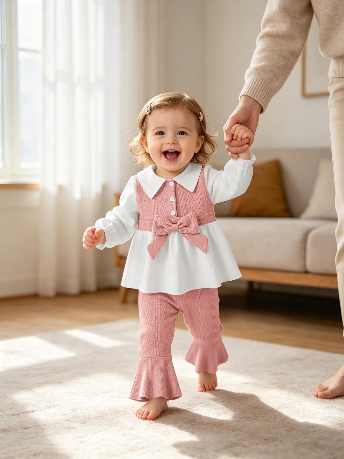 AMAWMW Toddler Baby Girl Clothes Long Sleeve Polo Shirt Top Bell Bottom Pants Fall Winter Cute Outfit Set