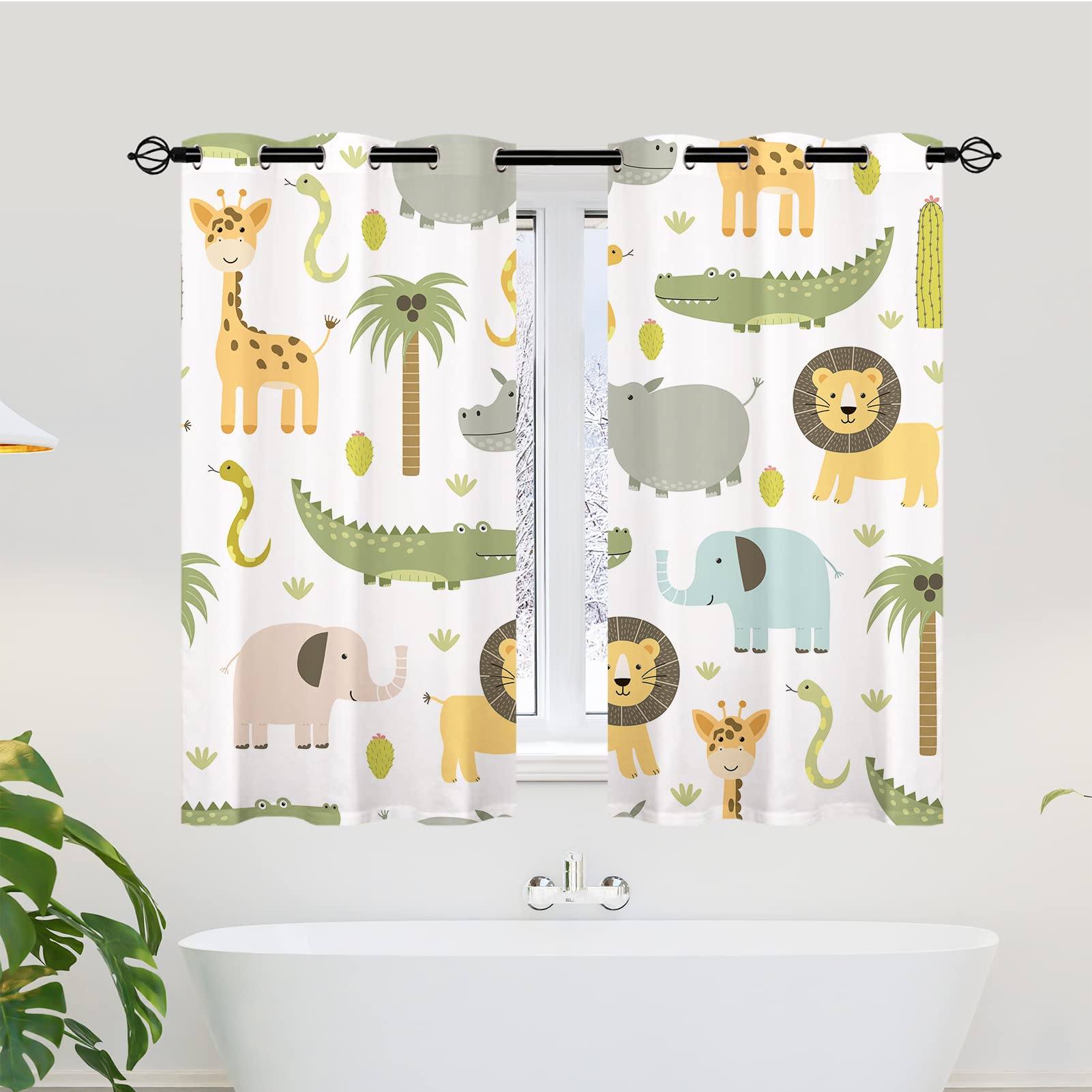YUANZU Animal Curtains W27.5 x L39 Inch Grommet Thermal Insulated Blackout Window Drapes Safari Hippo Crocodile Lion Elephant Giraffe Woodland Zoo Pattern for Kids Boys Girls Nursery Bedroom 2 Panels