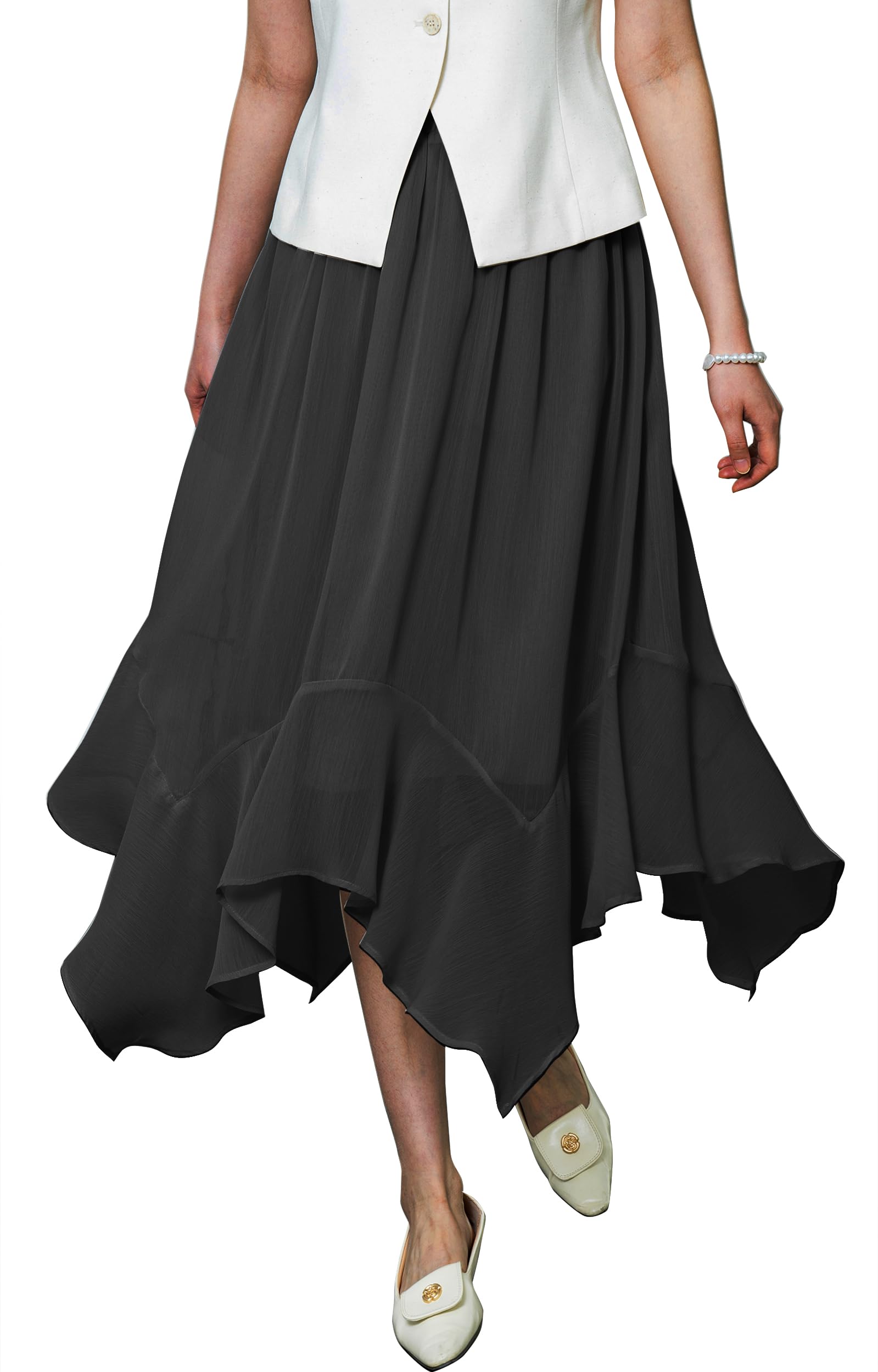 Womens Lightweight Chiffon Midi Skirt with Handkerchief Hem - Elastic Waist Flowy A-Line Skirt