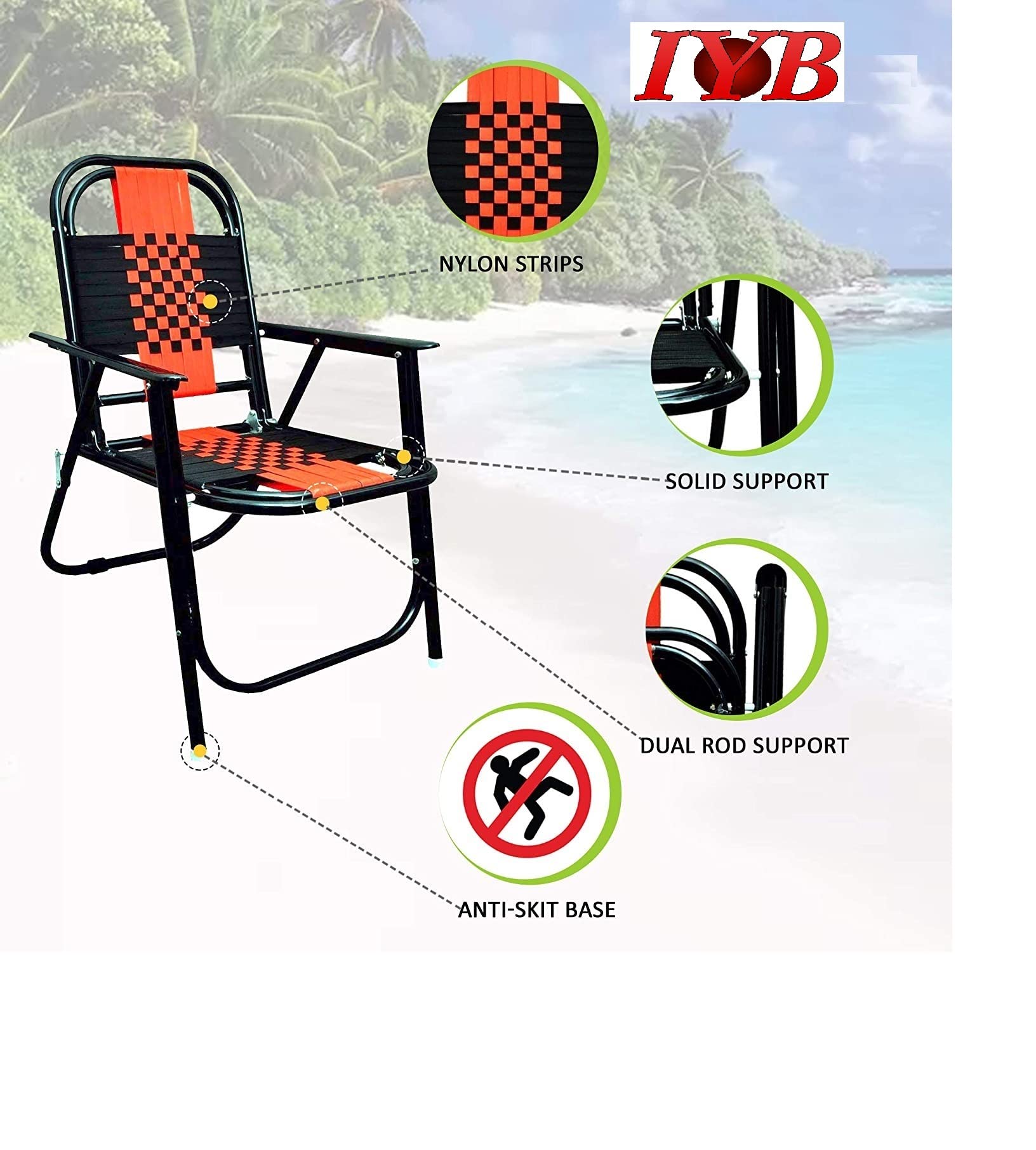 IYB® Red and Black Stripe Folding Chair with Arm Rest in Black 3