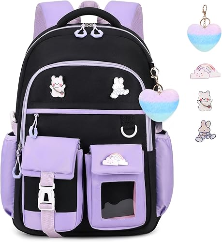Mochila para niñas, mochila escolar Kawaii con bolsa de hombro convertible para escuela primaria, 1 pieza - negro y morado (correa de equipaje Ver),